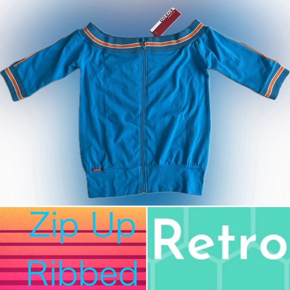 🆕Retro-Style Zip-Up 3/4 Sleeve Shirt | Turquoise | Orange/White Ribbing | Small - Picture 16 of 16